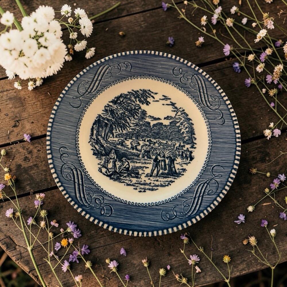 Vintage Currier & Ives Blue/white Bread and Butter Plate Harvest 6 1/4" 3594-66